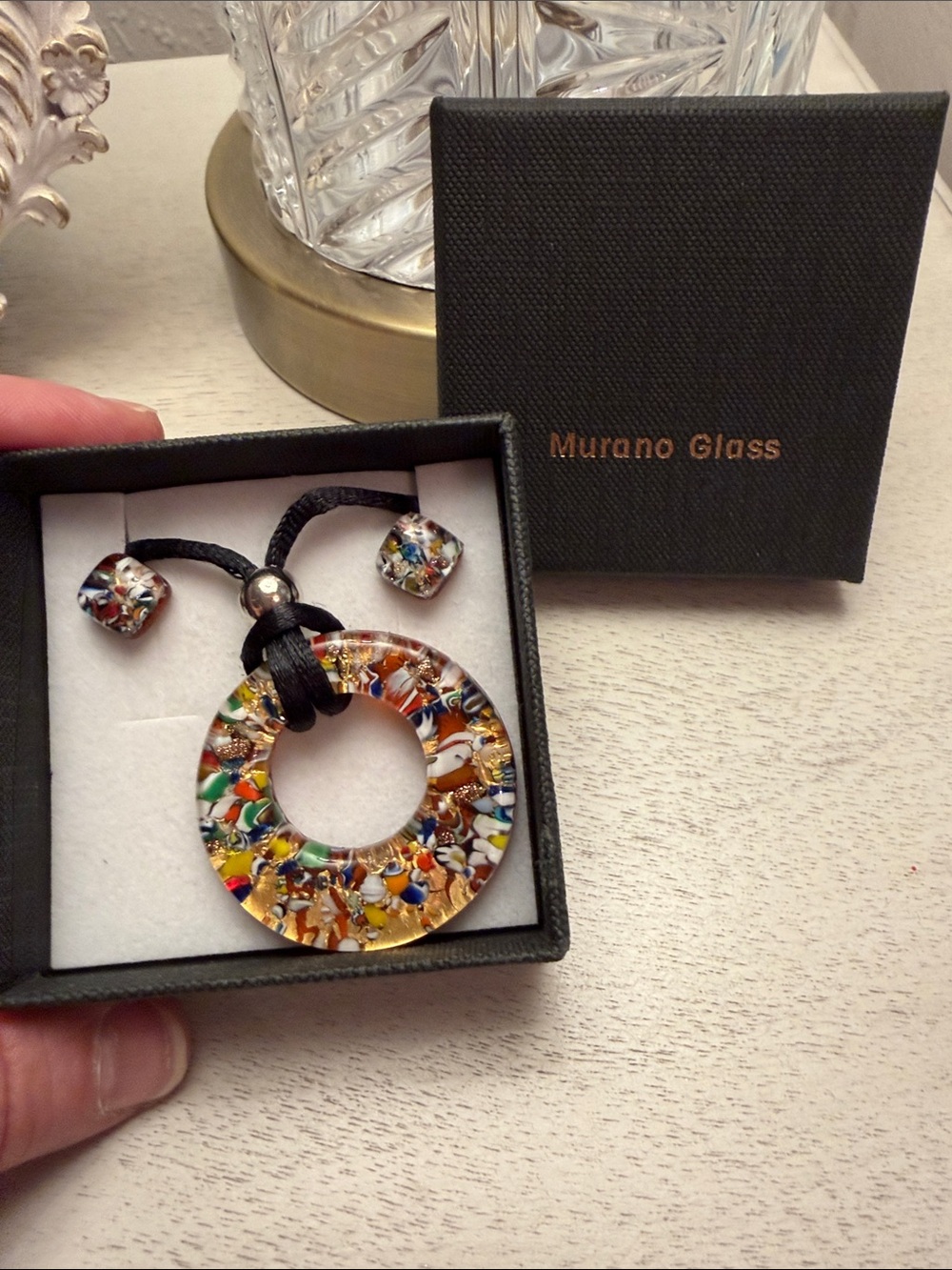 Murano Multicolor Millefiori Round Donut Pendant Necklace with Matching Studs